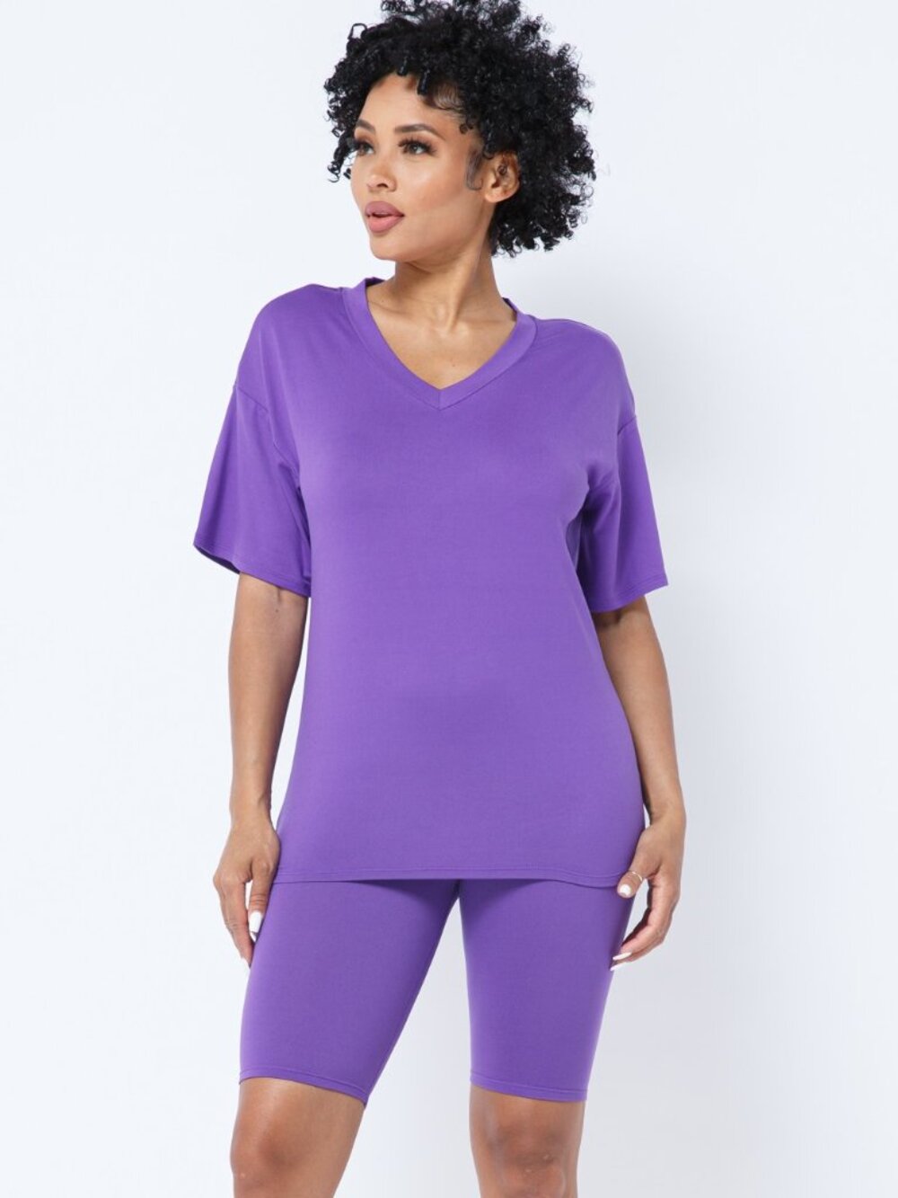 V Neck T-shirt Top Bike Short Set Purple NEW